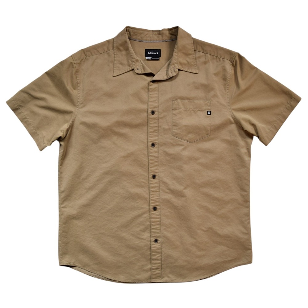 Marmot For Life Men XL Short Sleeve Button Up Shirt Khaki Canvas Hiking Gorpcore